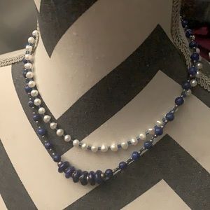 Double strand lapis-pearls sterling necklace